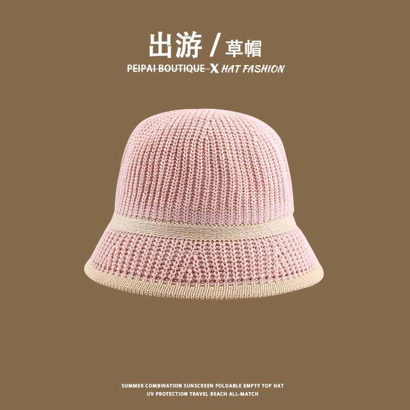 Women's Straw Hat Woven Sunshade Beach Hat Summer Hollow Breathable Bucket Hat Beach Sunshade Hat