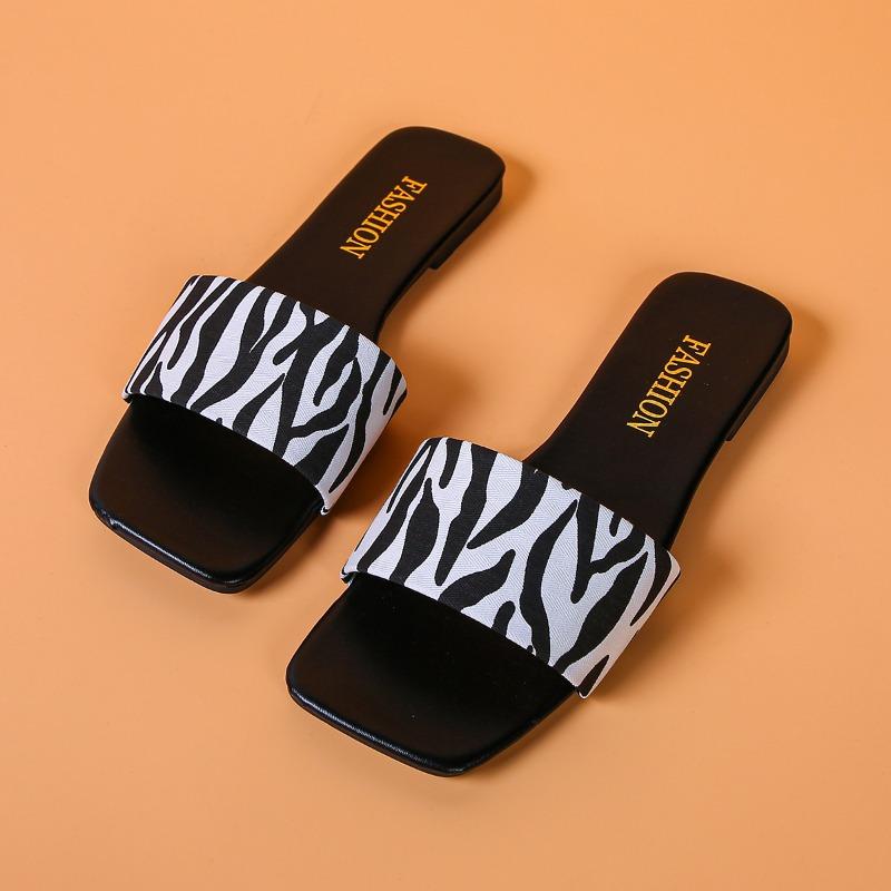 Neue Sommermode Damen Zehenoffene Flache Leopardenmuster Hausschuhe Lässige Damen Einfarbig Rutschfest Bequeme Strandsandalen