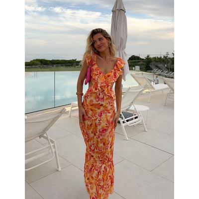 Summer Women's New Layered Decoration Midi Strap Dress Design Sense Niche Cross Ruffles Printed Dress Dress Female