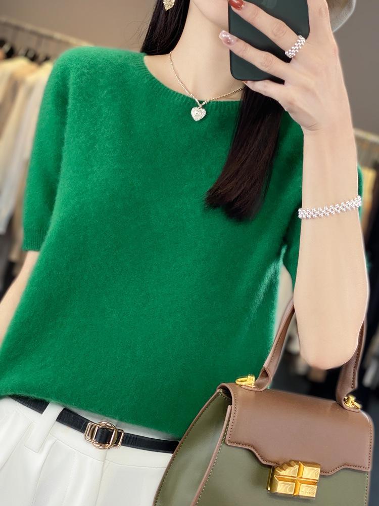 2024 Autumn/Winter Women's 100% Wool Round Neck Knit Top - Solid Color, Short Sleeve, Versatile Design