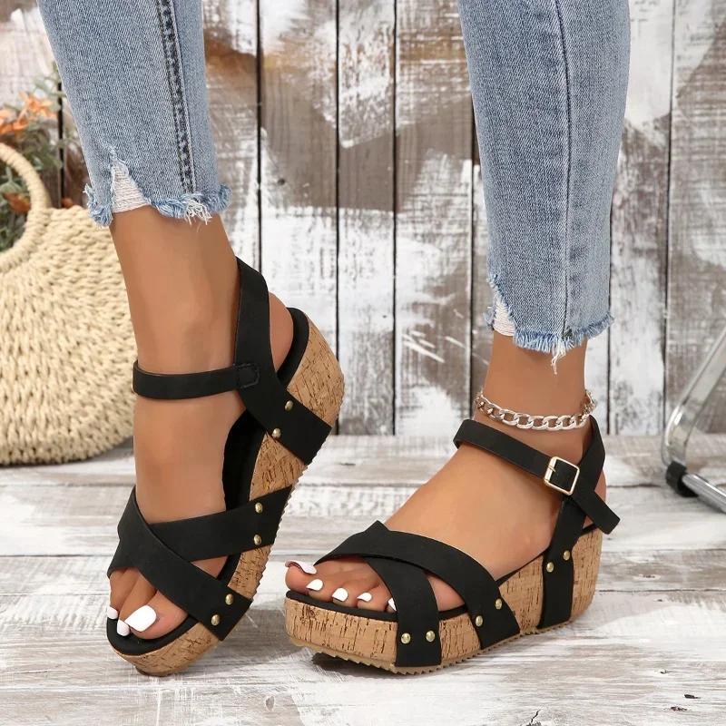 Summer New Wedges Sandals Women  Women's Shoes Buckle Rivet Decoration Large 42 Roman Platform Leisure Beach Sandalias Mujer