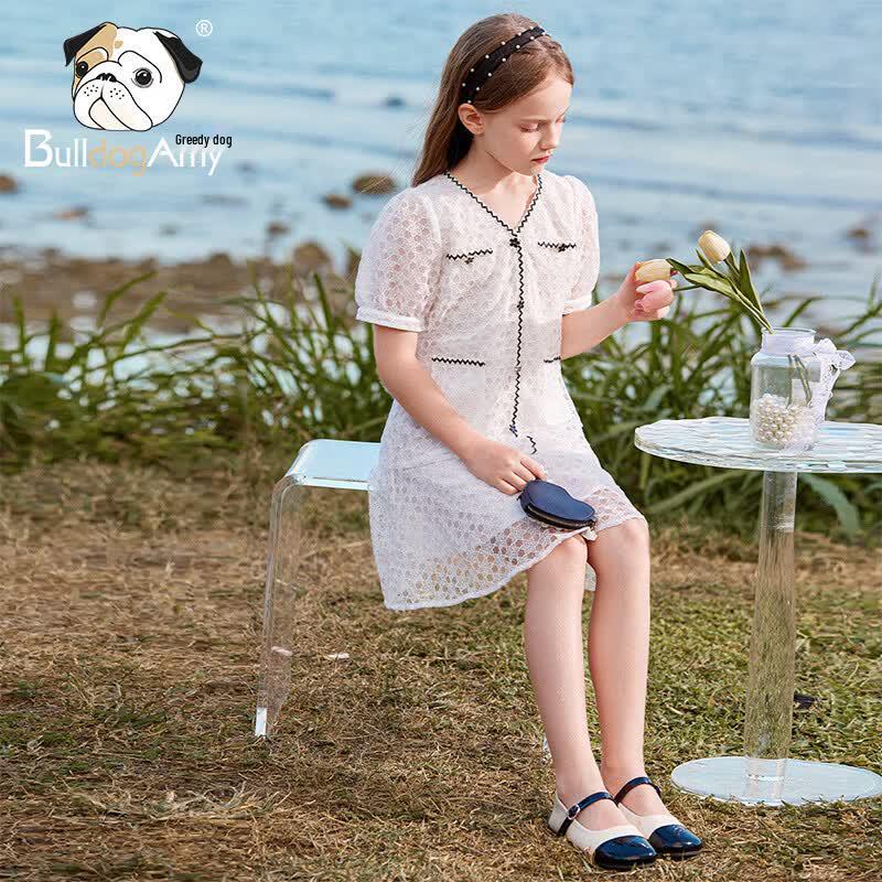 CHANZUIGOU Girls  Lace V-Neck Puff Sleeve Princess Dress 120