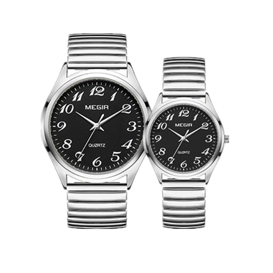 

MEGIR 2 шт. Часы для влюбленных Роскошные спортивные повседневные наручные часы для пары Водонепроницаемые из нержавеющей стали Мужские Женские Кварцевые часы Часы 1088 серебряный/чёрный