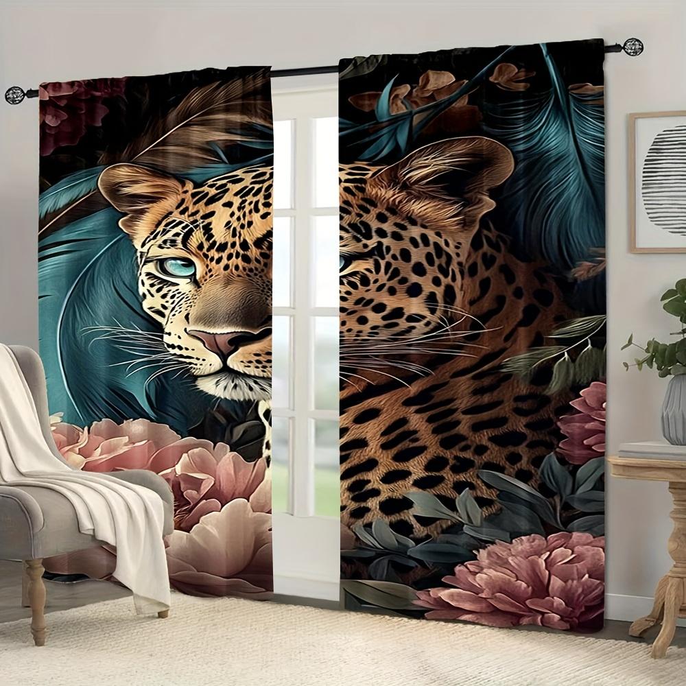 Set Of 2 Animal Curtains Daisy Peony Flower Green Leaf Leopard Pri Modern Made Polyester