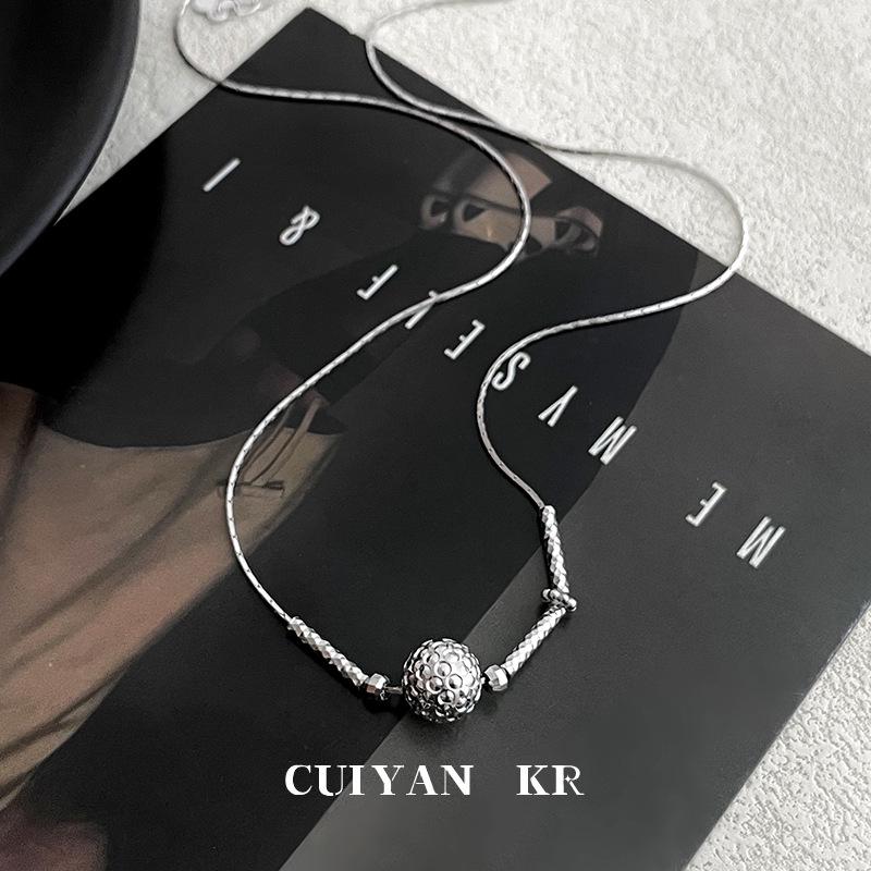 Cui Yan S925 Sterling Silver Korean-Style Carved Bead Necklace for Women - Simple, Everyday Choker.