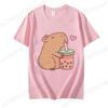Cute Capybara Loves Bubble Tea Print Women Kids T-Shirt Summer Children's Short-sleeved Casual Pink Tops Adults Boys Girls Gifts