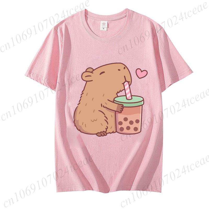 Cute Capybara Loves Bubble Tea Print Women Kids T-Shirt Summer Children's Short-sleeved Casual Pink Tops Adults Boys Girls Gifts
