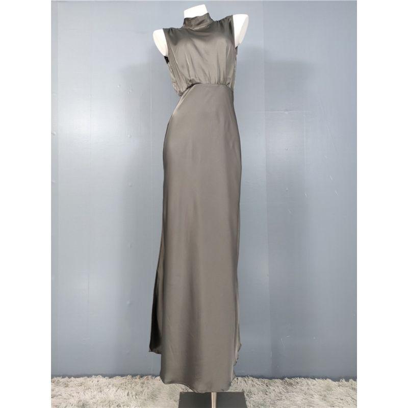 Export Single Fashion New Arrival Lu Stand Collar Smooth Fabric High Quality Sleeveless Split Adult Lady like Woman Socialite Dress Women