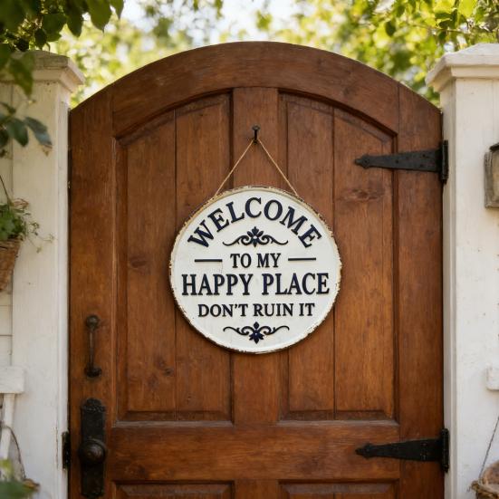Welcome Sign for Front Door Round Metal Welcome to My Happy Place Hanging Plaque for Home Office Bedroom Kitchen Dining Bar Decor