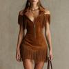 Ladies' Casual Retro Suede Fringe Off Shoulder Dress, Western Spicy Girl Waist Cinching Short Skirt