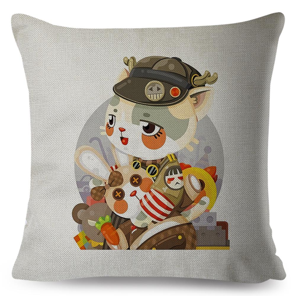 Adorable Cat Character Cushion 45x45cm Original Fantasy Theme Illustration High Resolution Print Woven Fabric Cover