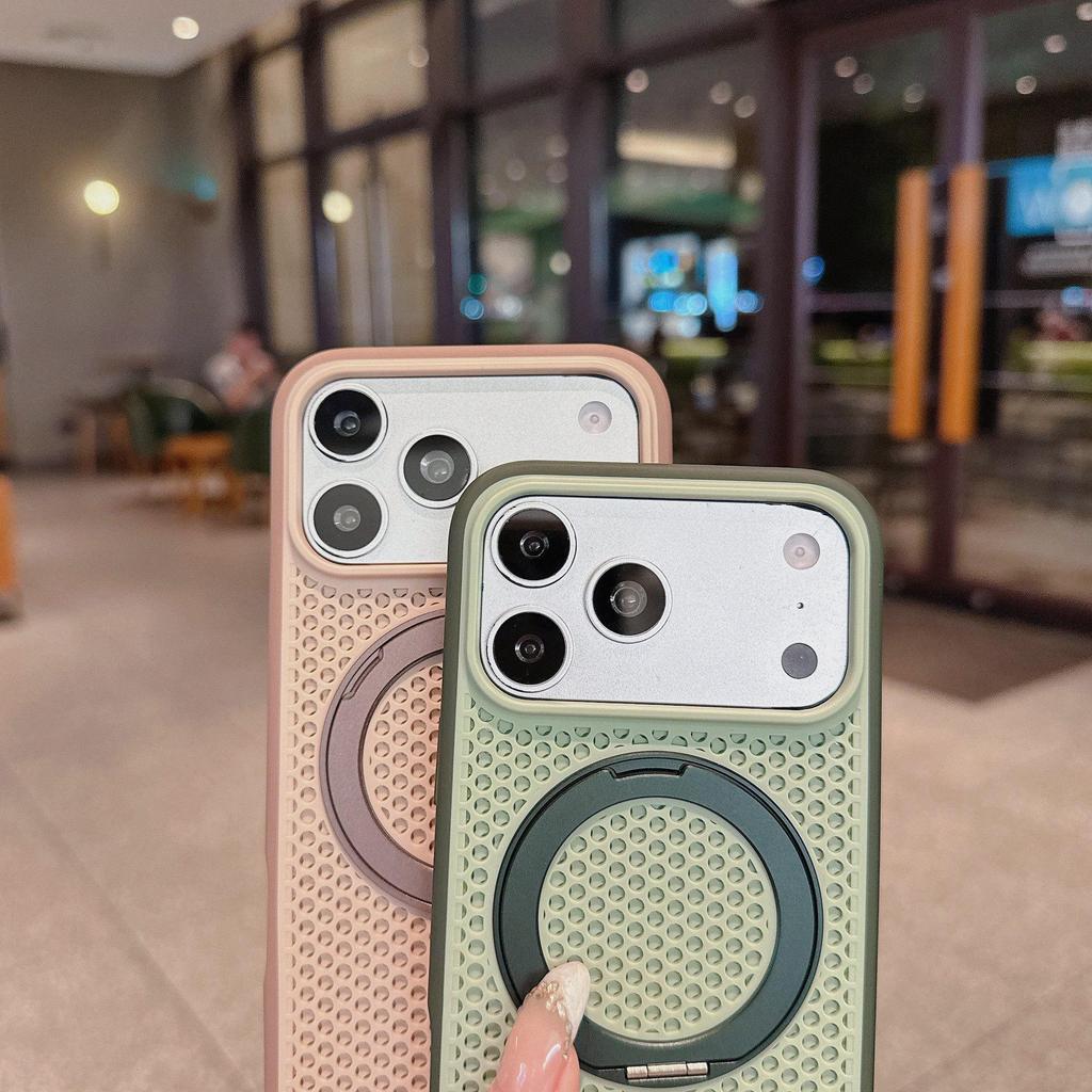 Magnetic Phone Case for iPhone 17 Pro Max with Honeycomb Heat Dissipation, 360° Rotating Stand, and Full Protection.