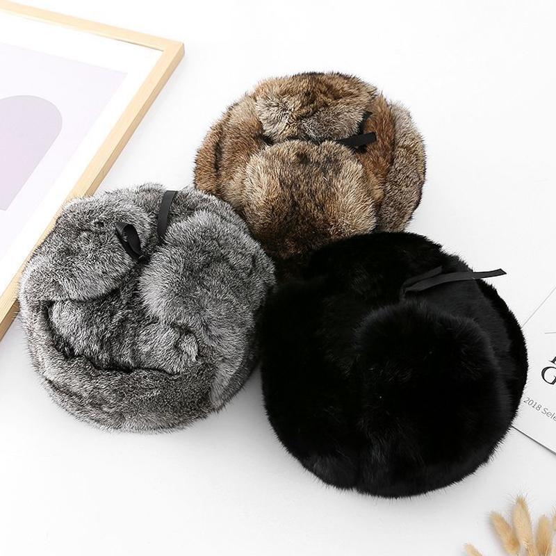 Men's Caps Warm Natural Rabbit Fur Bomber Hat With Earflaps Winter Hot Sale Unisex Warm Russian Ushanka Hat Real Rabbit Fur Hats