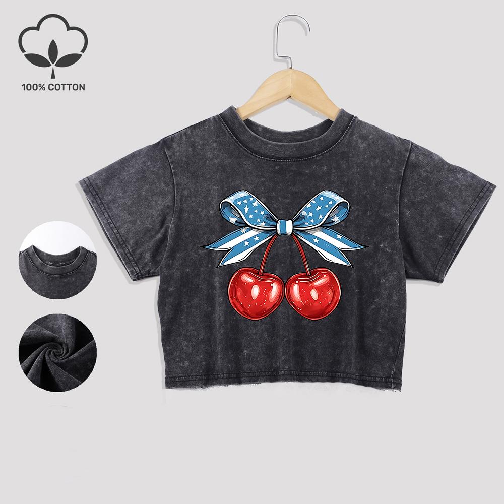 Flag Bow Cherry Design Printing Cotton Washed T-Shirts Fashion Summer Lace Hem Crop Tops Regular Fit O-Neck Tees Casual Clothes