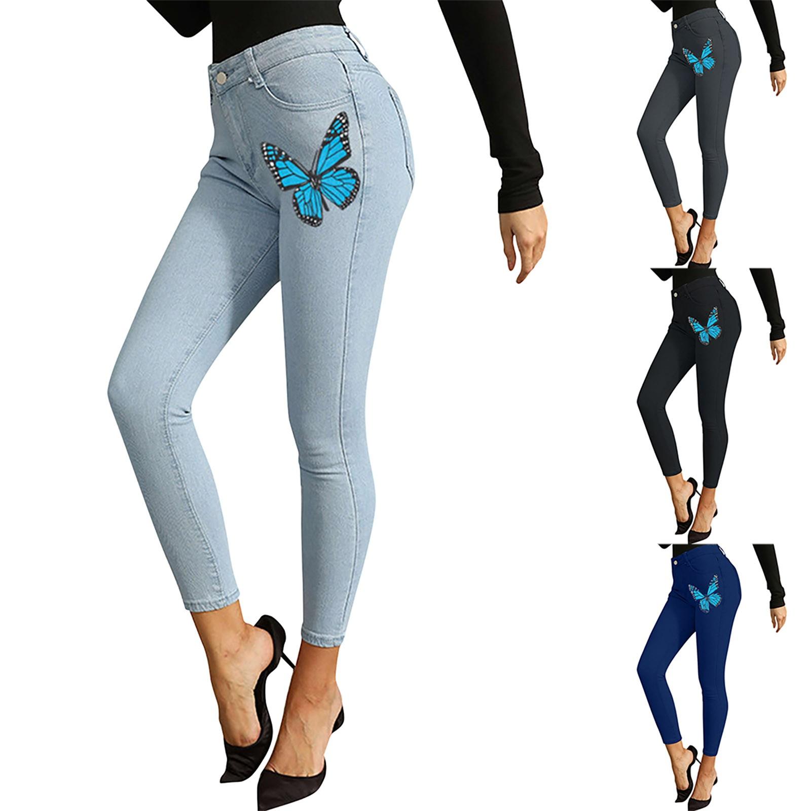 

Women s Fashion Butterfly Print With Pockets Mid-waist Loose Plus Size Jeans L