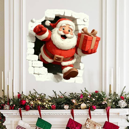 3D Holiday Wall Stickers Christmas Santa Stickers, Claus Reindeer Break-Through Self-Adhesive Decorative Window Film Decal, Removable for Living Room