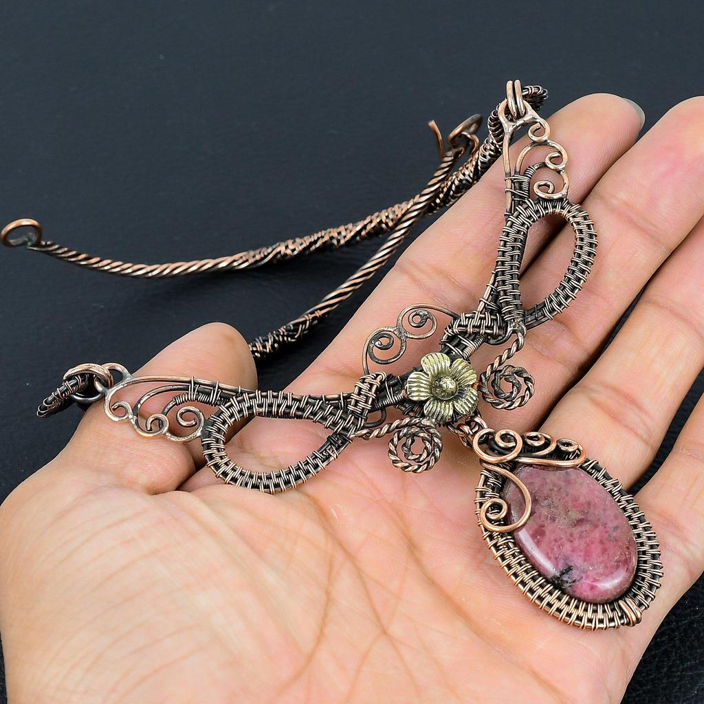 Rhodonite Necklace Gemstone Jewelry, 999 Copper Wire Wrapped Necklace, Adjustable Handmade Chain Necklace Gift For Wife Jewelry
