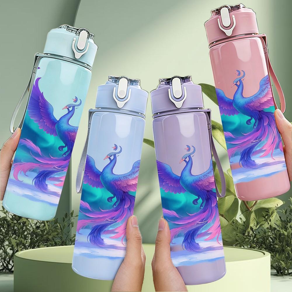 1PC Gradient Phoenix Bird Fantasy Art Print 750ml Color Plastic Sports Water Bottle Leakproof Flip Straw Lid Suitable for Sports Office Home Use