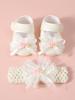 Baby Girls Lace Pearl Rhinestone Bow Crib Shoes & Matching Crochet Headband Set, Soft Dot Anti-Slip Magic Tape Mary Jane Princess Shoes
