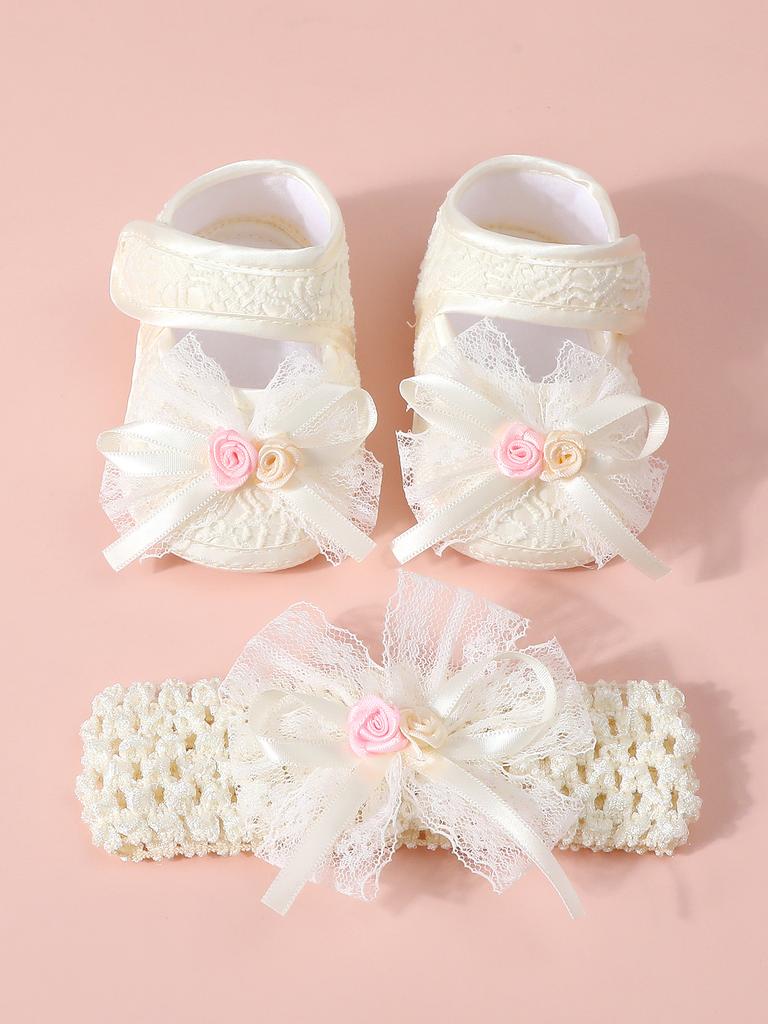 Baby Girls Lace Pearl Rhinestone Bow Crib Shoes & Matching Crochet Headband Set, Soft Dot Anti-Slip Magic Tape Mary Jane Princess Shoes