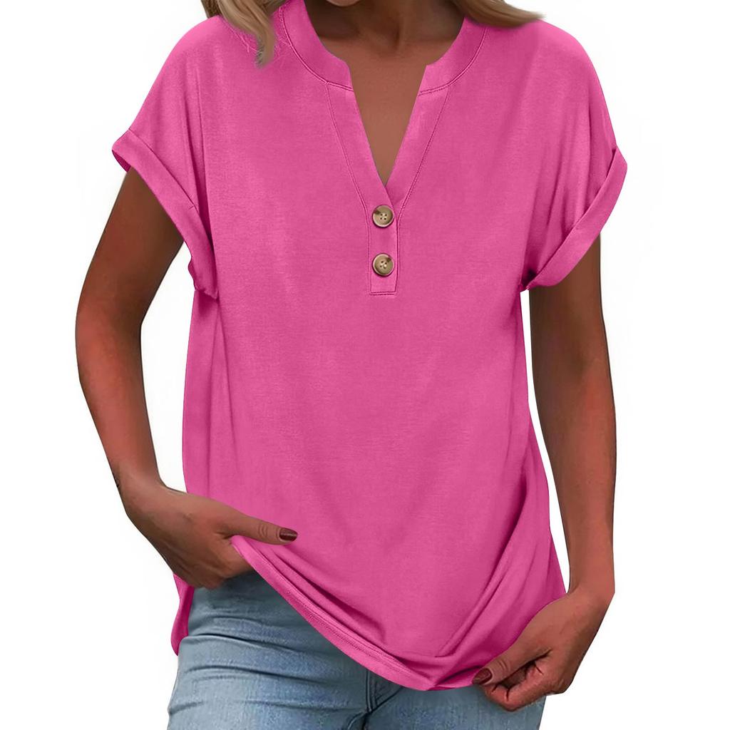 Women's Fashionable Casual Loose-Fit Short-Sleeved Button-Up V-Neck -Colour T-Shirt Top