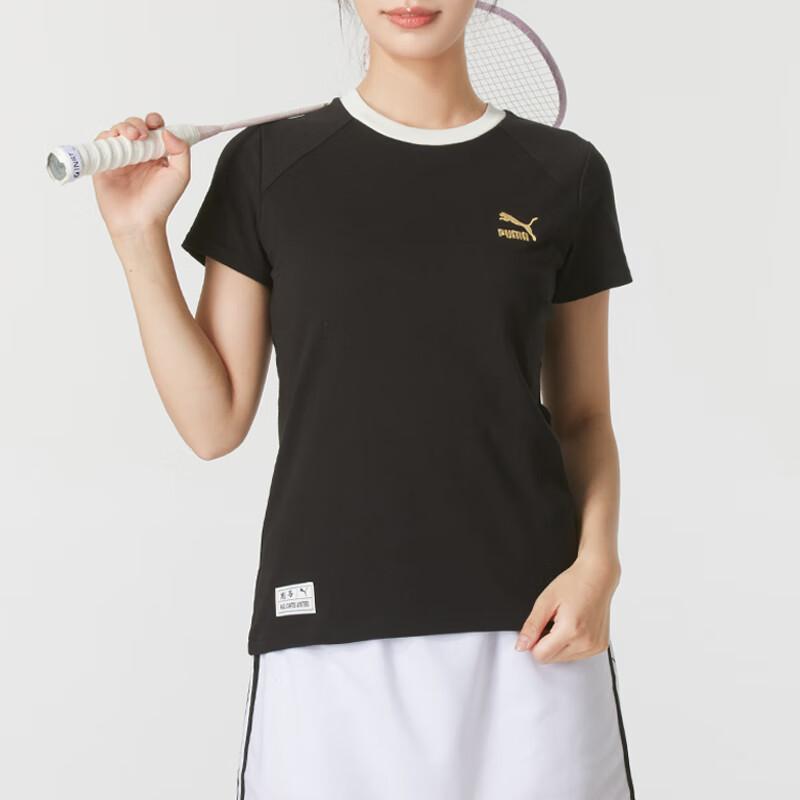 Puma Color Block Breathable Short Sleeve Regular T-Shirt Women Tops Black 629234-01