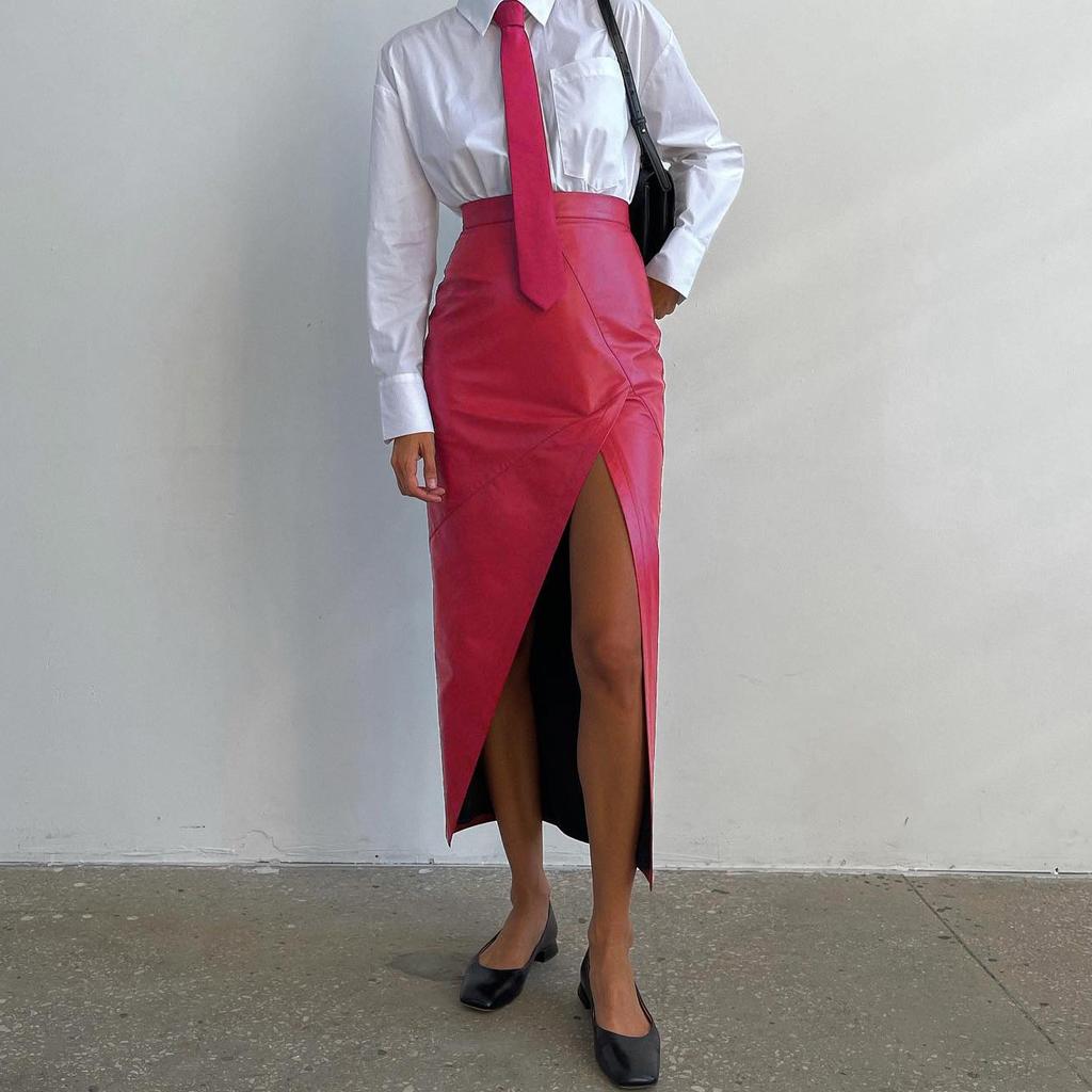 Women's Winter New High-waisted Slim Slit Skirt Irregular Leather Skirt