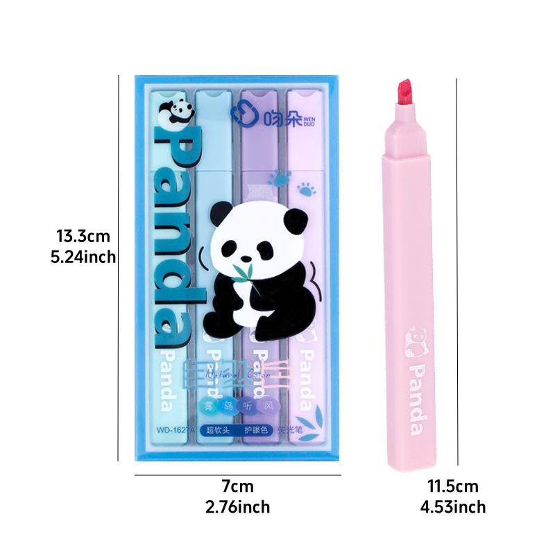 Set de 4 pixuri de evidențiere cu panda drăguț de culoare ușoară, butoi pătrat, căptușeală moale pentru marcator pentru desen, pictură, școală