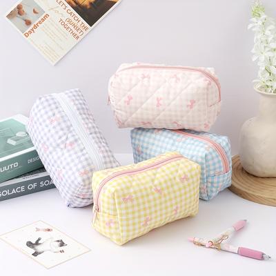 1pc Checkered Pencil Case Pink Bow Pattern Portable Stationery Organizer School Office Desk Essentials Travel Accessories