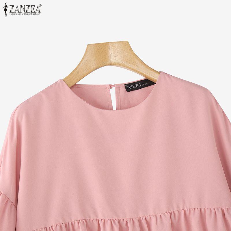 ZANZEA Women Casual Round Neck Puff Long Sleeve Loose Blouse