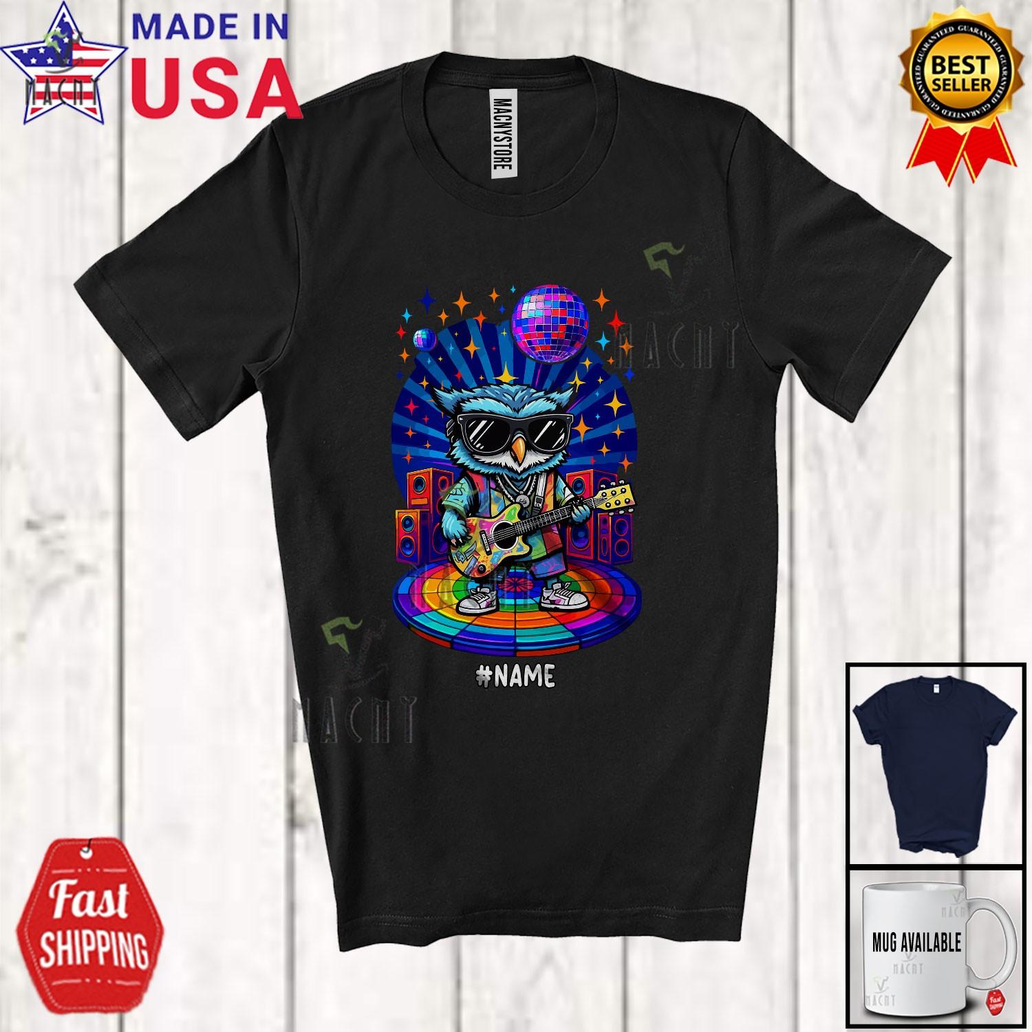 Owl Sunglasses Disco Playing Rock Guitar; Amusing Custom Name Guitarist Shirt S разноцветный