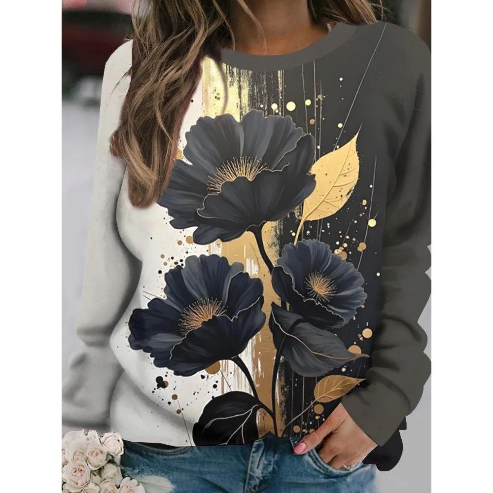 Fashion Versatile Flower Print Women's Top Long Sleeve Casual Loose T-Shirts Women’s Pullovers Long Sleeves Women’s