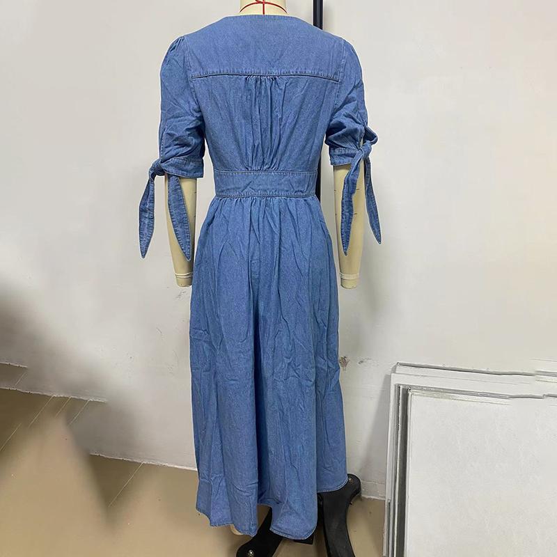 Fashion Sexy V-neck Denim Dress Women's Single Breasted Half Sleeved A-line Dress Solid Color Commute Minimalist Dresses Spring and Summer New