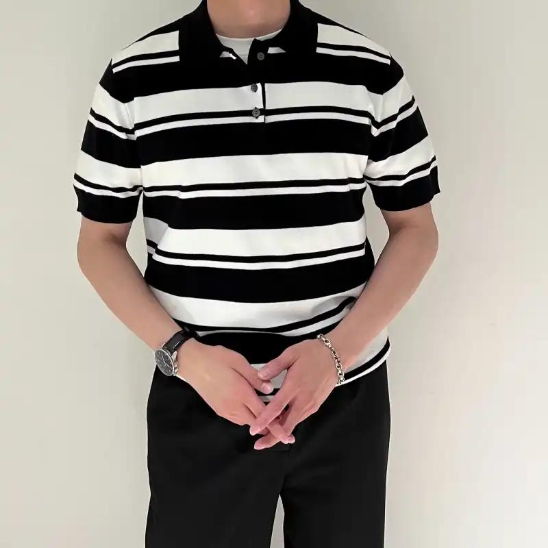Summer Men Black White Striped Knit Casual Polo Shirt S чёрный