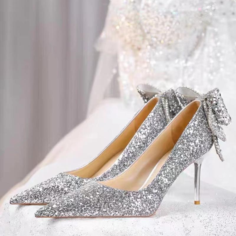 Full Diamond Thin Heel Single Shoes Autumn New Pointed Toe Shallow Cuff Foot Bow Non-slip Wear-resistant High Heels
