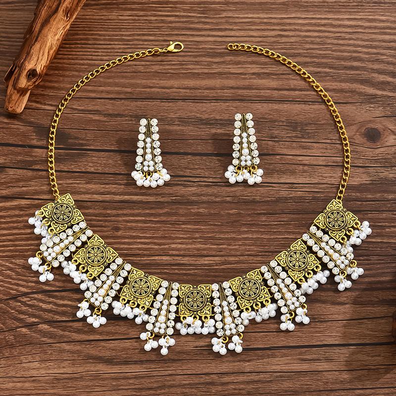 Etniczny Vintage Zestaw Cyrkonów Dla Kobiet Kryształowe Inkrustowane Zestawy Cyrkonów Naszyjnik z Koralików Frędzli Zestaw Kolczyków Damski Prezent