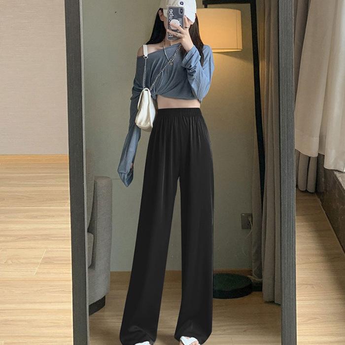 Ice Silk Acetate Wide-leg Pants for Women In Summer Thin Versatile Casual Floor Pants High Waist Droop Loose Pants for Women
