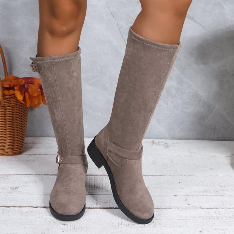 French Vintage Tall Boots Winter New Round Toe Suede Buckle Soft Sole Non-slip Block Heel Boots