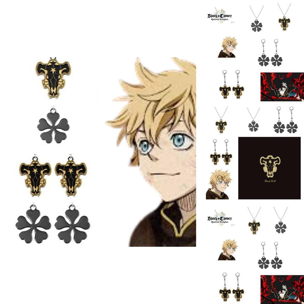 Stilvolles Black Clover Halsketten- und Ohrring-Set mit Stier-Magierritter-Emblem für Damen und Herren