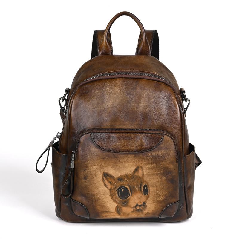 Top Grain Cowhide Retro Large Capacity Women's Backpack, Vegetable Tanned Leather Shoulder Bag, Handmade and Practical.