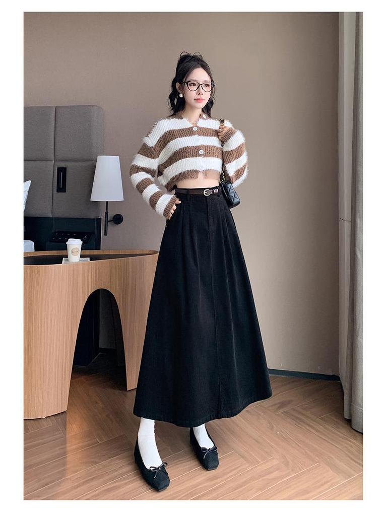 Women's High Waist Corduroy Midi Skirt - 2025 Autumn Winter Korean Style, Large Flare Pleated Design