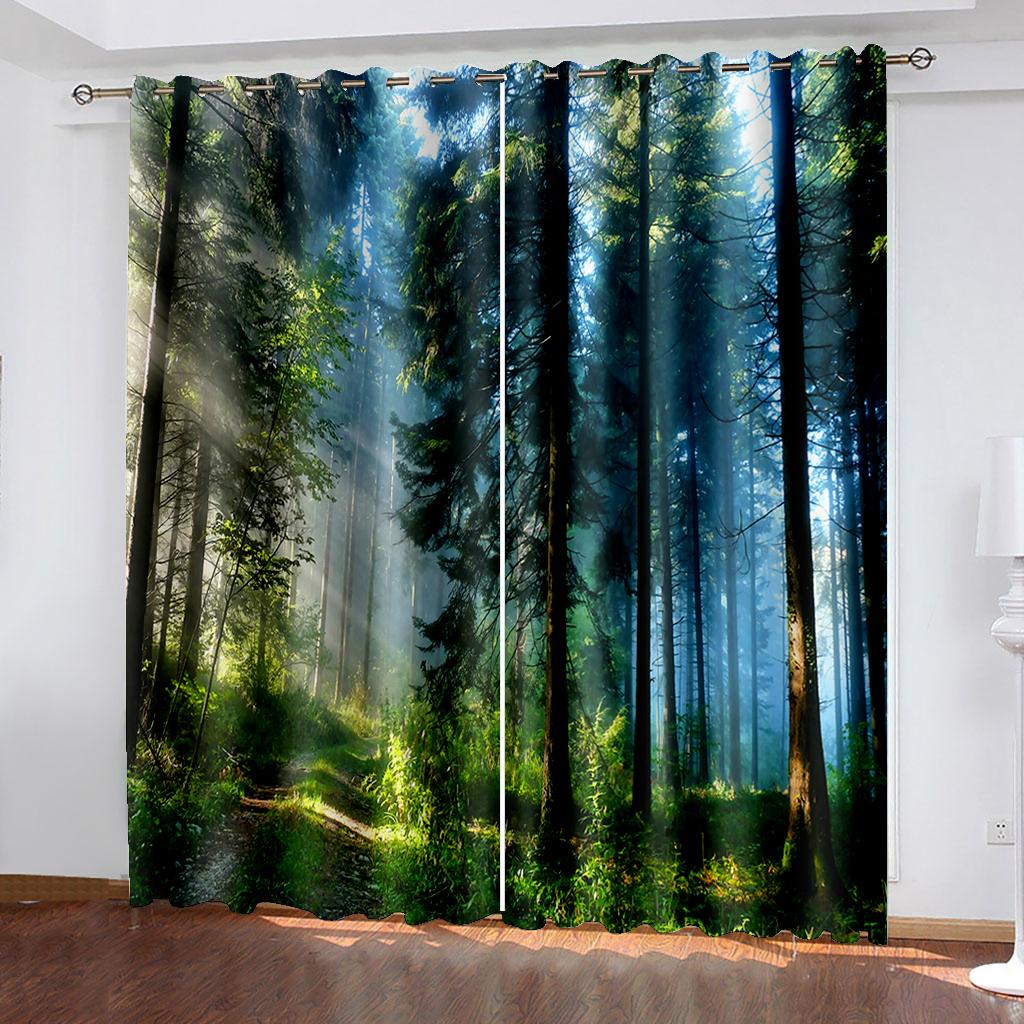 Spring Green Forest Series Luxury Sunshade Curtains 2 Pieces of Living Room Bedroom Home Decoration Hook Punch