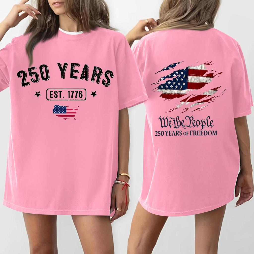 Women's Casual Independence Day 250 Anniversary Printed T-shirt Round Neck Pullover Short Sleeve Top