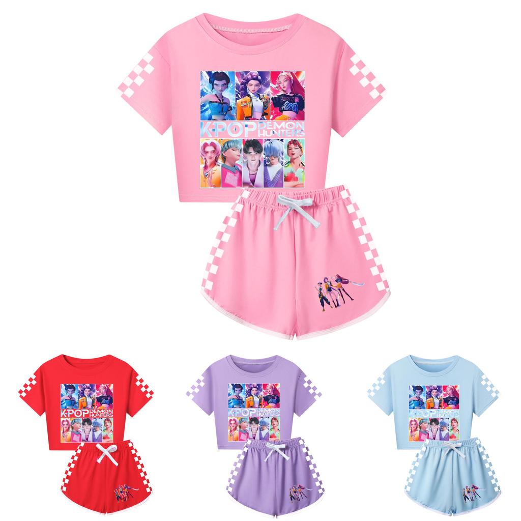 Kpop Demon Hunters Pattern Kids And Adult Pajama Set With Cotton Material And Short Sleeve Design For Lounging