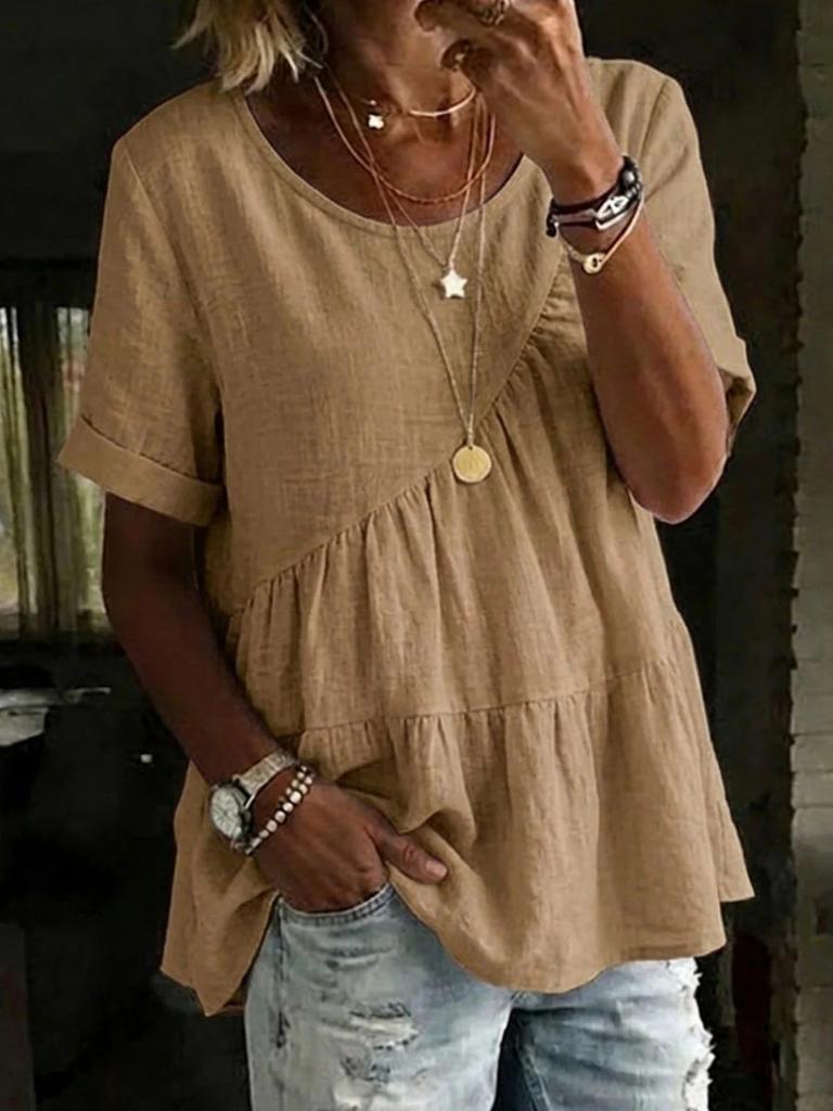 1116 European and American new women's casual and comfortable round neck solid color cotton and linen loose short sleeves