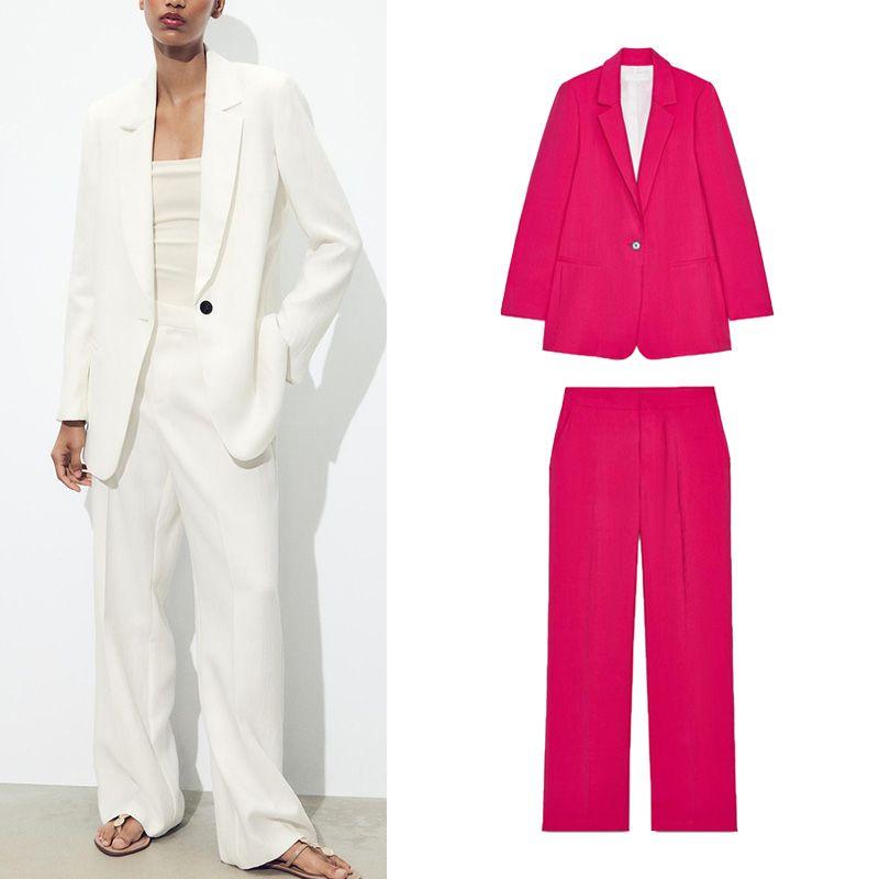 Wrinkle Effect Lapel Long Sleeve Blazers 8372468 Straight High Waist Casual Trousers 8372568