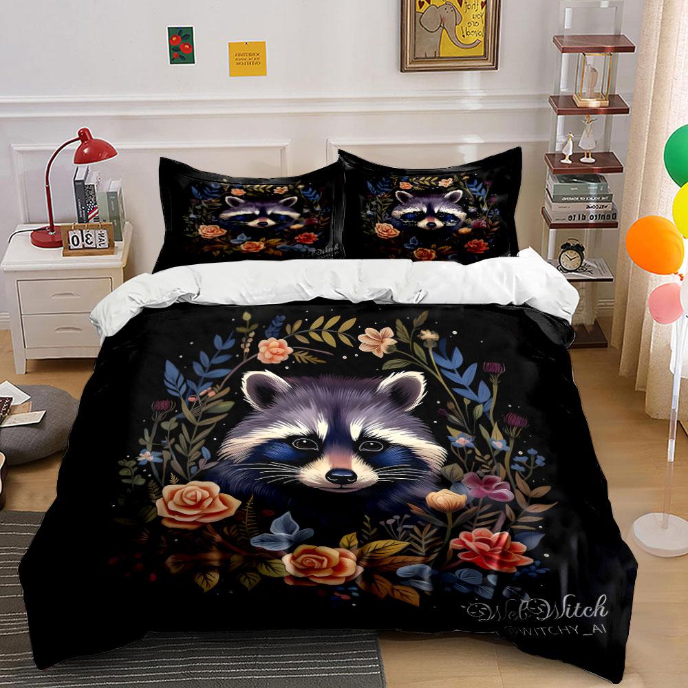 Set de așternut moale, prietenos cu pielea, cu decor Art Floral Raccoon Include 1 Față de plapumă și 2 Fețe de pernă Cadou
