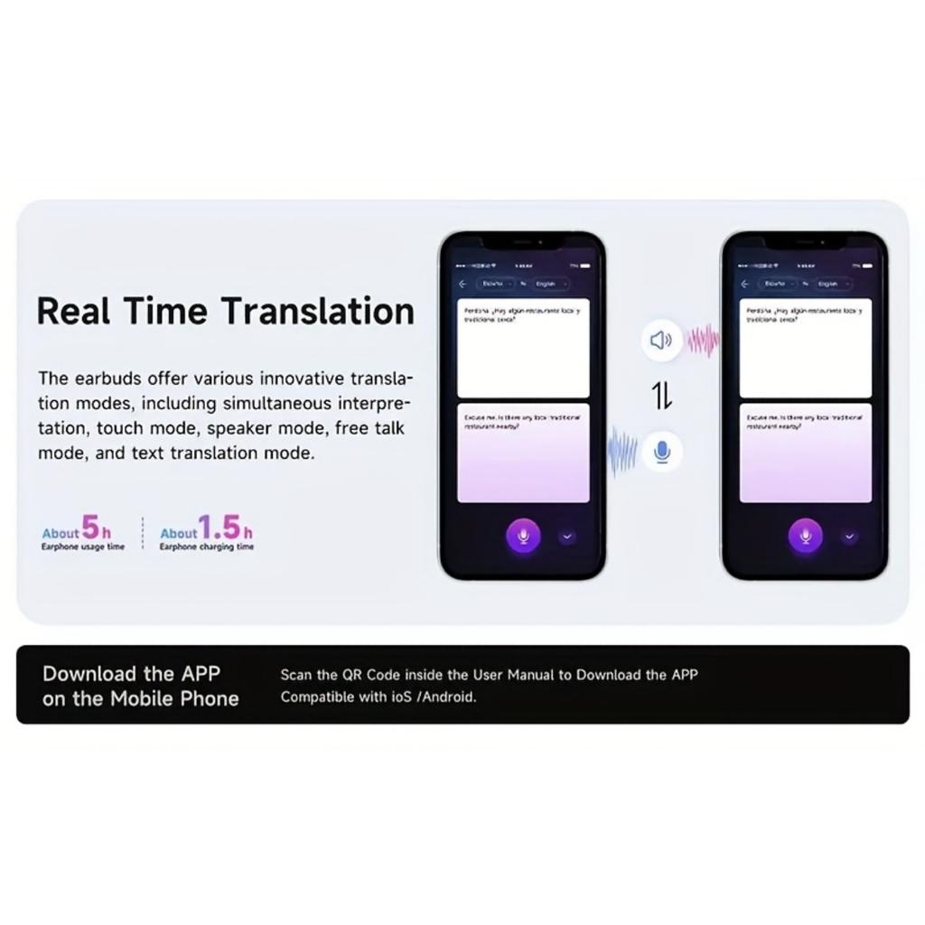 Překladová náhlavní souprava Ai, bezdrátová náhlavní souprava, překlad v reálném čase do 144 jazyků, inteligentní potlačení hluku se 6 mikrofony, překlad v reálném čase