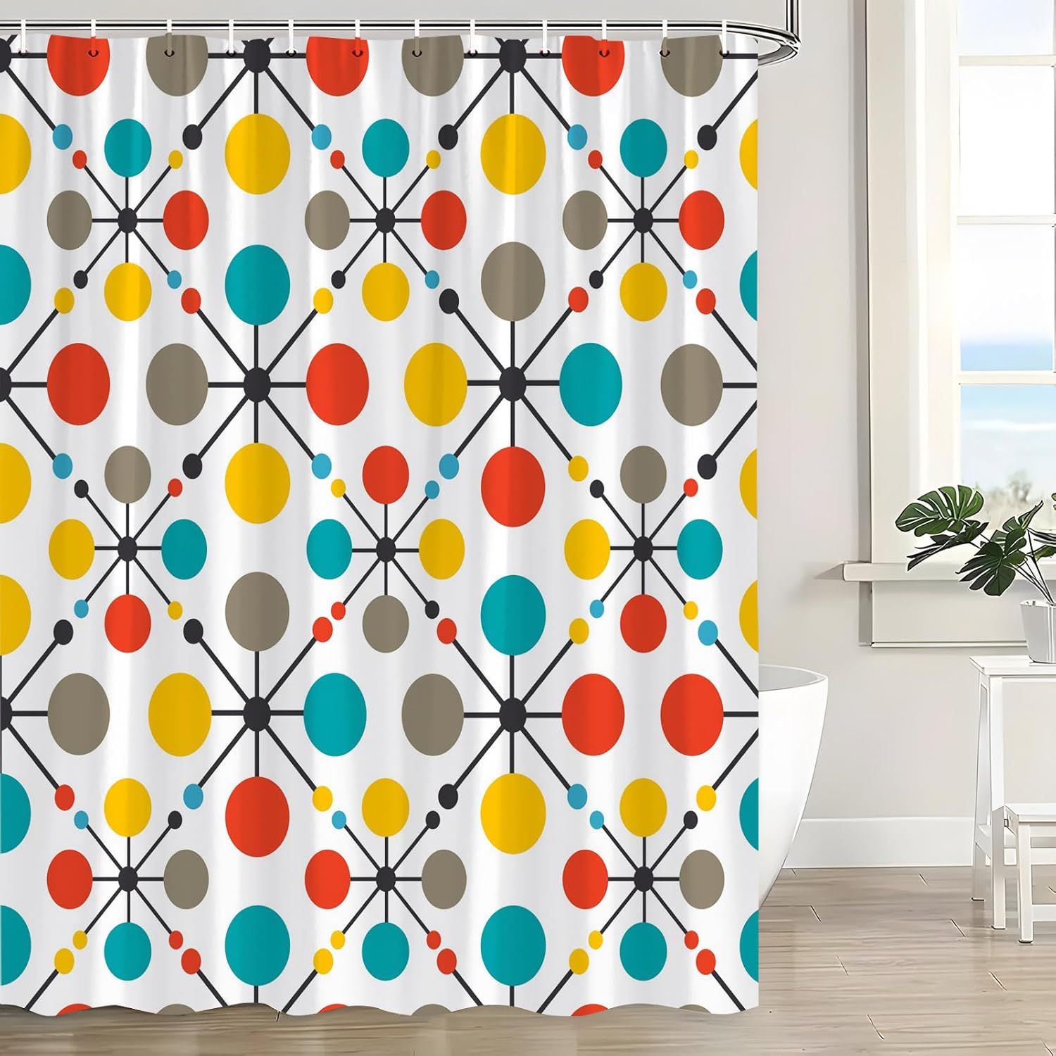 Pandara Jewelry Orange Mid Century Modern Shower Curtain Atomic Retro Colors Graphic Teal Geometric Colorful Polka Dots Stripe Vintage