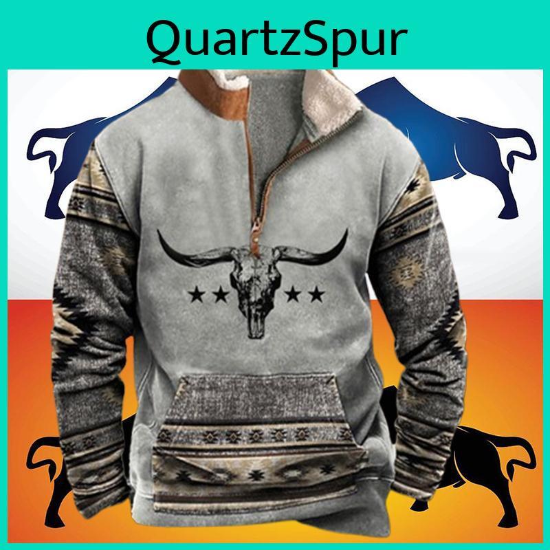 Mens Graphic Vintage Hoodie Patchwork Cowboy Sweatshirts Long Sleeve Plush Stand Collar Zipper Casual Pullovers For Men Sweatshirts